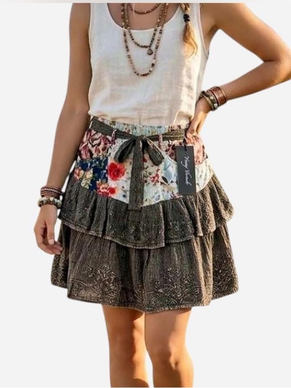 Boho Tiered Floral-Trim Skater Skirt - Brown